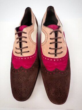 Manolo Blahnik Spectator Wingtip Brogue Oxford Flats Colorblock Suede EU 40